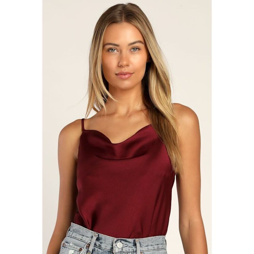 Lulus Emmerson Burgundy Satin Sleeveless Cowl Neck Bodysuit Red - Size M